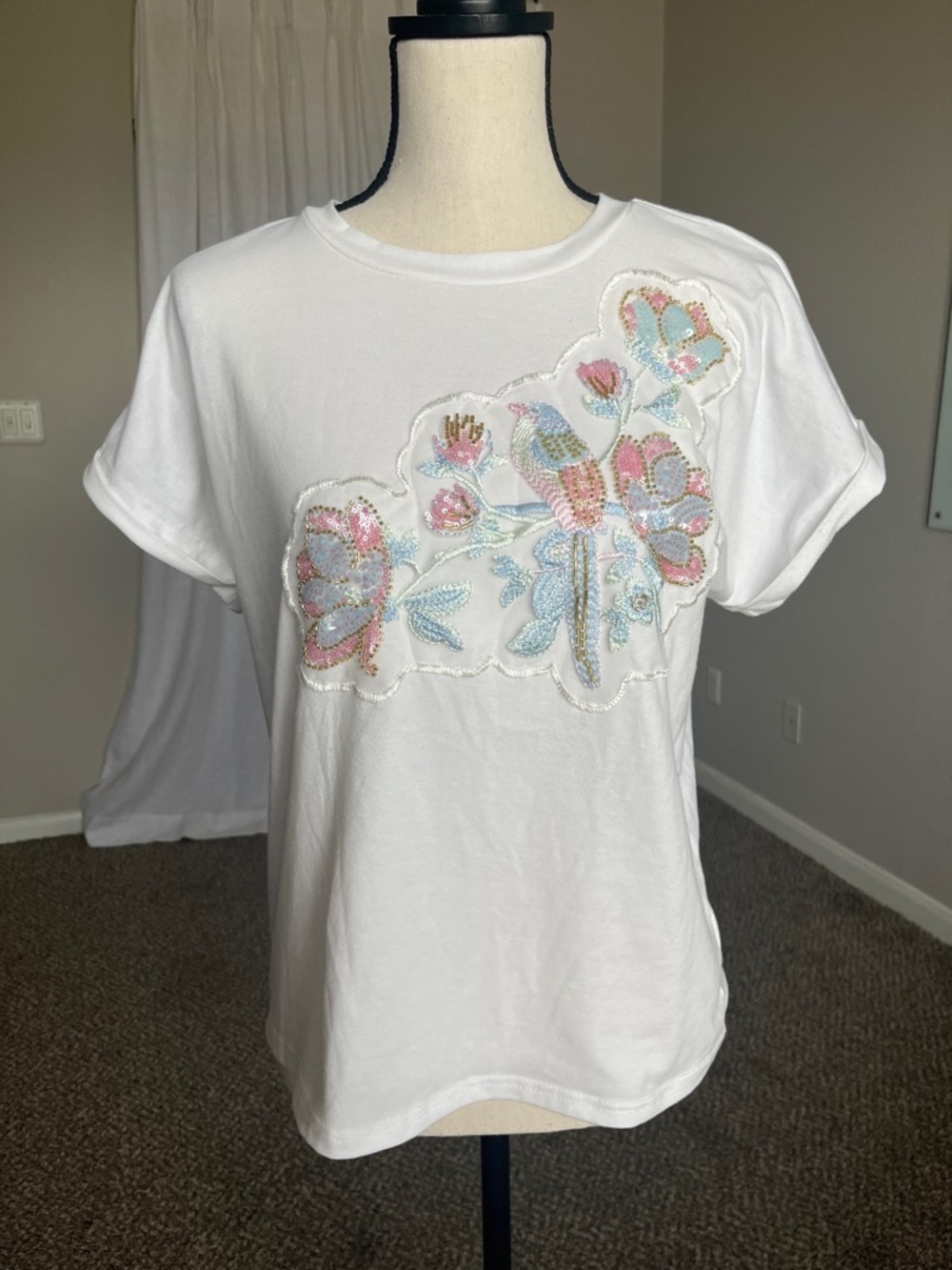 Beaded Embroidered Bird Tee White Mesh Graphic Sequin Floral Short Sleeve M